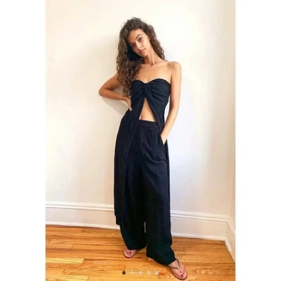 NWT Free People Banita Set Linen Two Piece Matching Pants Top Strapless Black XS - Picture 1 of 9